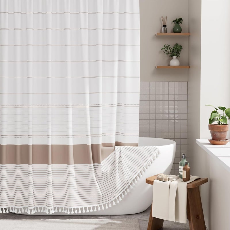 AmazerBath Boho Shower Curtain Set, Rustic Faux Linen Pink Striped Shower Curtain with Hooks, Modern Farmhouse Shower Curtain with Tassels, White Base Toned, 72x72 Inches - Image 1